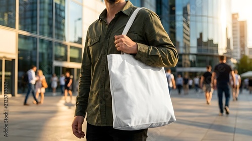 Man with White Canvas Tote Bag Mockup in Modern City