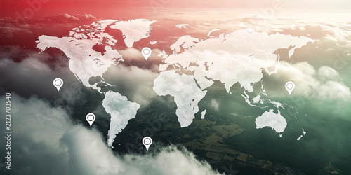 Abstract Red World Map with Dramatic Sky Background | Global Business Concept