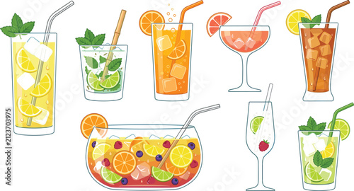 Refreshing Citrus Lemonade and Fruit Cocktail Glass Collection with Lemon, Lime, Orange, Grapefruit, Mint, and Flat Vector Illustration Isolated on White Background