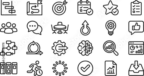 Business line icons set in editable vector style. Productivity, management, planning, strategy, optimization, workflow icons collection. Editable stroke. Vector.