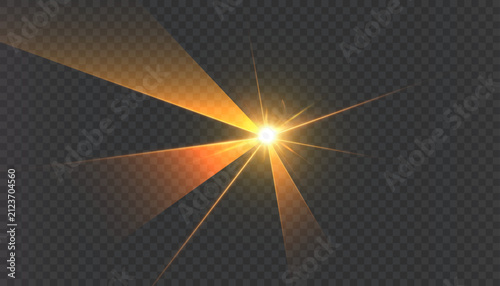 Bright golden star flare with long directional light rays and warm orange glow, isolated on transparent background. Vector illustration for overlays and visual effects.