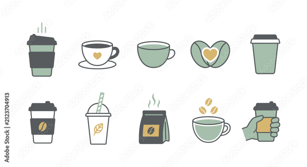 Fototapeta premium Set of muted green coffee featuring cups, beans, and takeaway mugs on white