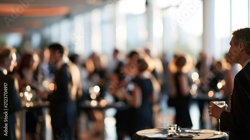Cocktail party in a spacious bright room with defocused guests mingling among high tables faceless blurred figures clean airy interior cocktail party spacious venue high
