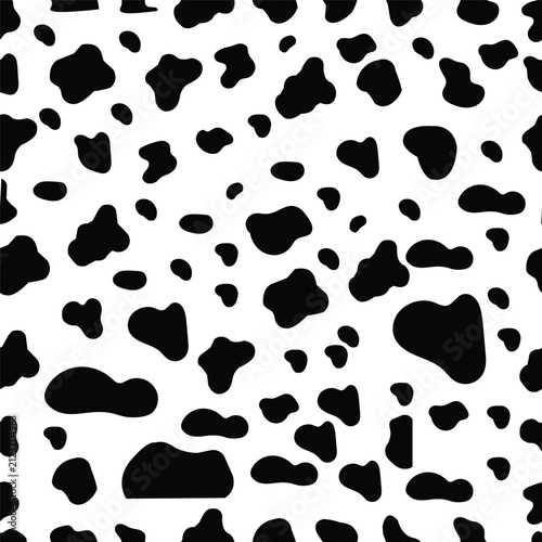 Black cow print background displaying seamless organic animal spot pattern
