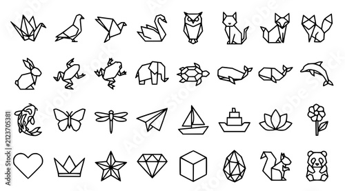 Professional origami paper craft vector set with polygon animals birds airplane ship flower and geometric folding illustrations isolated on white background