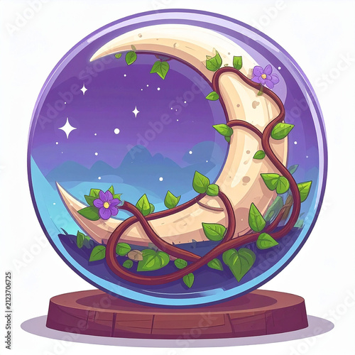 Magical Crescent Moon Crystal Ball PNG - Floral Vine Snowglobe Terrarium Illustration