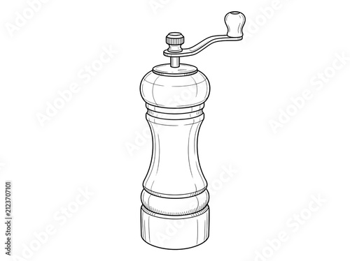 Wooden pepper mill illustration. Hand drawn spice grinder sketch for kitchen design.
