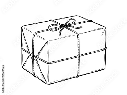 Hand drawn gift box with ribbon. Sketch of a wrapped parcel isolated on white background.