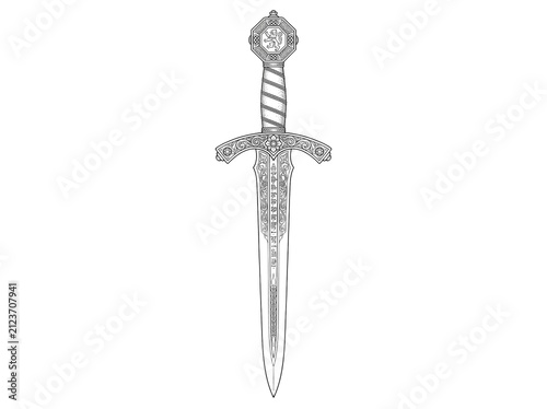 Ornate medieval dagger illustration. Detailed fantasy sword isolated on white background.