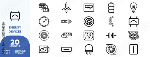 Energy utility set. solar panels, turbines, batteries, circuit breakers, power outlets, and electrical components. Editable stroke. Vector illustration.