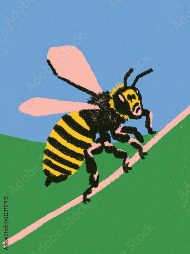A stylized illustration of a bee with yellow and black stripes perched on a thin pink branch against a blue sky and green ground.