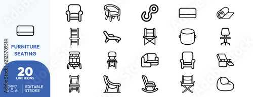 Furniture seating set. Armchair, sofa, bench, recliner, lounge chair, folding chair, beanbag, ottoman, and bar stool. Editable stroke. Vector illustration.