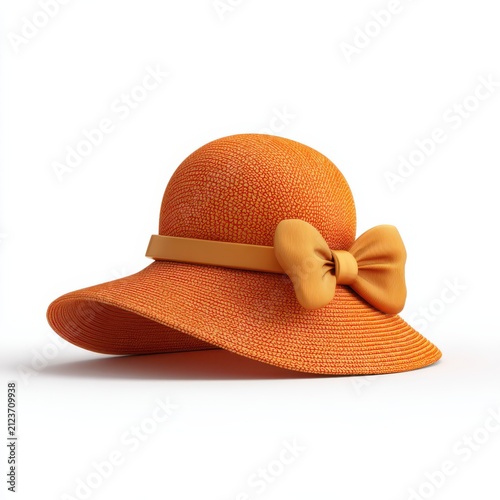 Orange straw sun hat with bow, woven wide-brim summer accessory, isolated fashion headwear on white background