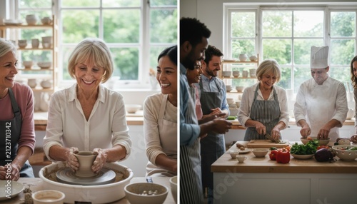 Split image showing a group of seniors and younger people enjoying both a pottery class and a cooking class activity