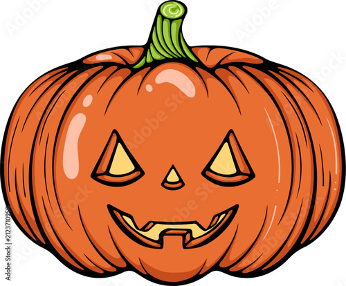 Carved Jack O Lantern pumpkin close up. Traditional symbol for Halloween night. For sticker, decor, kids designs. Simple vector color illustration with outline in hand drawn style isolated on white