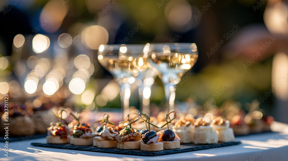 Obraz premium Wedding reception drinks and canapes arranged on a bright clean table elegant festive styling wedding drinks canapes reception table celebration catering sparkling glasses