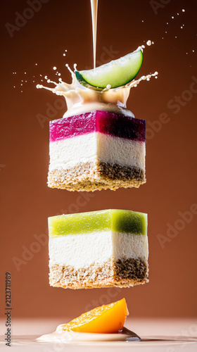 A dessert displays multiple layers of jelly and cream with fruit pieces visible throughout. This sweet treat is served at a party for guests to enjoy