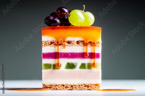 A dessert displays multiple layers of jelly and cream with fruit pieces visible throughout. This sweet treat is served at a party for guests to enjoy