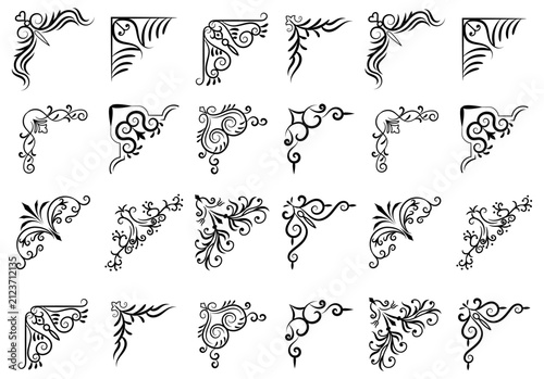 Collection of ornate black flourish corner with transparent background, decorative vintage
