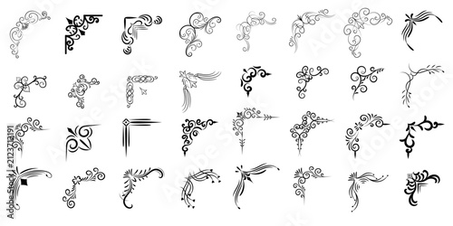 Collection of ornate black decorative corner flourishes with transparent background, vintage