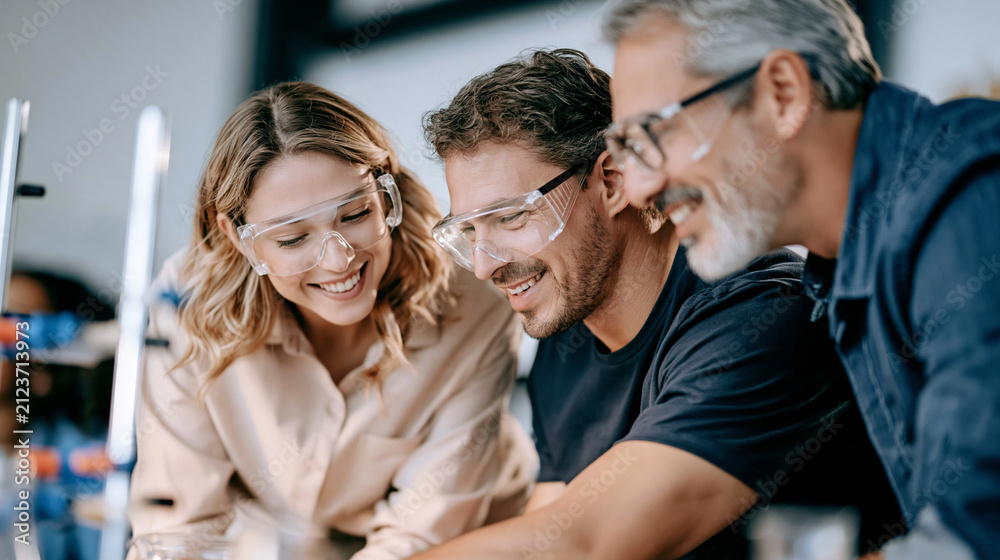 Fototapeta premium Group of diverse scientists and engineers wearing safety glasses, working together in a modern lab, researching new discoveries