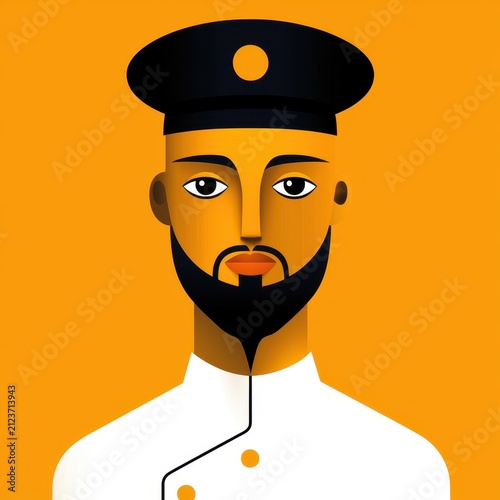 Stylized Portrait of a Bearded Man in a Chef's Jacket Against Orange Background