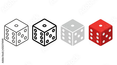 Set of dice icons in isometric perspective with outline, solid, and red color styles for games, gambling, and luck