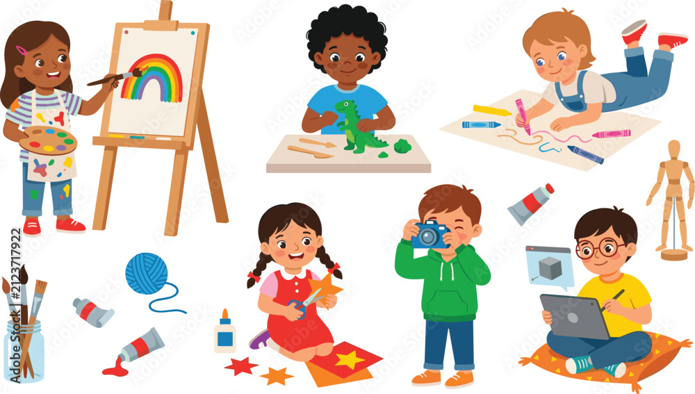 Fototapeta premium Happy diverse kids doing creative arts and crafts projects painting drawing sculpting clay cutting paper and using digital tablet vector illustration set