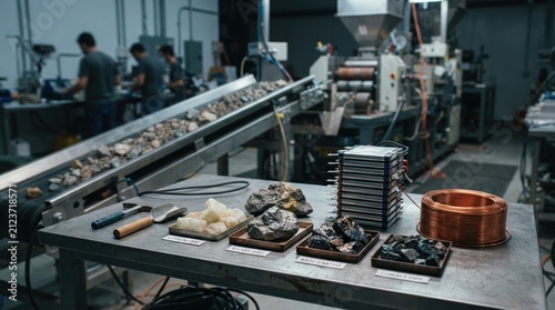 Critical minerals for energy transition with lithium, nickel, and rare earth ore samples, battery cell stack, copper wire coil, and conveyor processing line