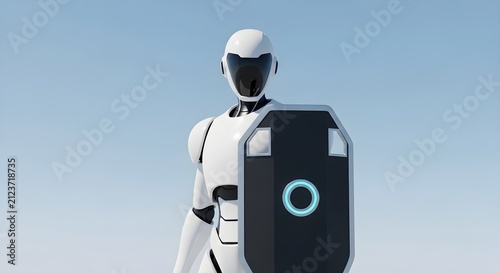 Advanced Humanoid Robot Equipped With High-Tech Protective Shield, Symbolizing Digital Security and Future Defense Systems