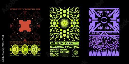 Cuadro en lienzo Geometric floral ornament with neon colors on black background