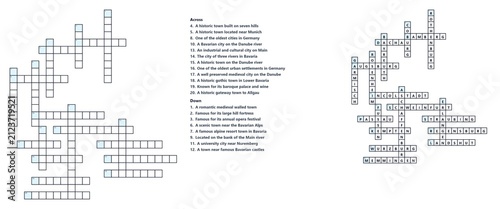 Obraz na płótnie Bavarian cities and historic towns crossword worksheet with clues and completed