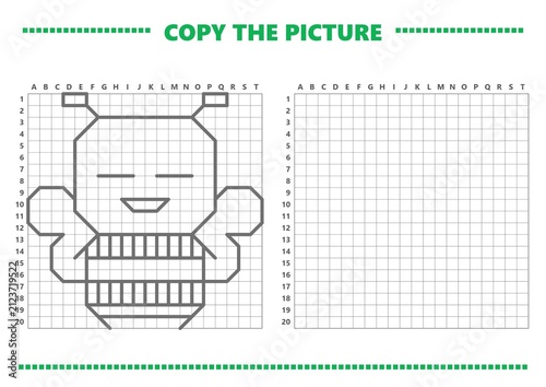 Cute bee copy the picture worksheet with outlined sample and blank coordinate grid, printable drawing activity for children