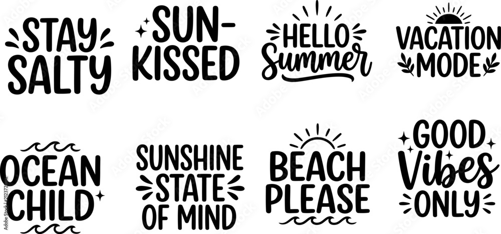 Obraz premium Set of eight summer themed hand lettered phrases featuring beach and vacation quotes with decorative elements isolated on a plain white background design