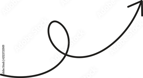 Hand drawn doodle arrow with a loop pointing upwards isolated on a plain white background