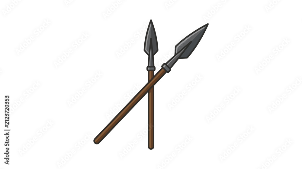 Obraz premium Two crossed spears with sharp metal heads and wooden shafts, isolated on white background, illustrating ancient weaponry and conflict.