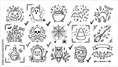 Set of cute hand-drawn Halloween themed doodles and icons isolated on white