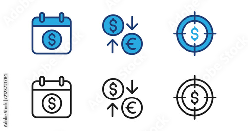 Obraz na płótnie Set of financial business icons featuring calendar with dollar sign currency exc