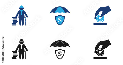 Set of insurance and financial icons featuring a senior person with a dog a shield under an umbrella and a hand depositing coins