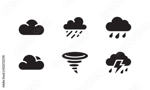 Weather forecast icon set including clouds with rain lightning and tornado wind symbols.