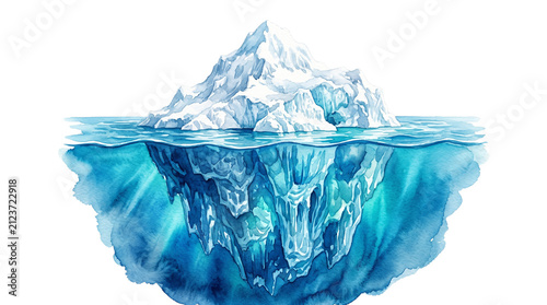 Watercolor iceberg cross section with underwater view, blue glacial ice mountain in ocean water, arctic iceberg metaphor illustration isolated PNG with Transparent Background