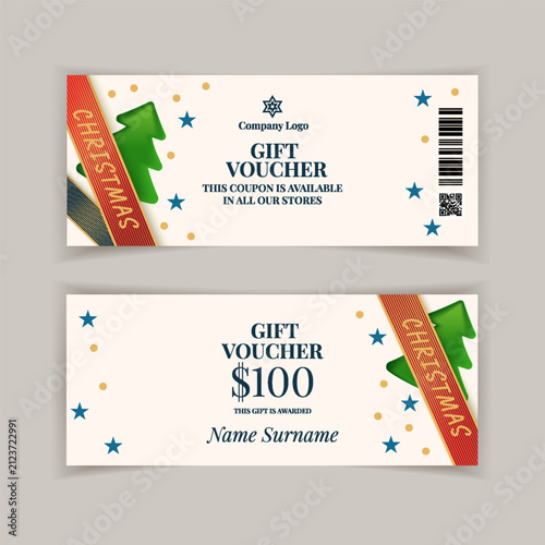 Christmas discount coupon vector design with seasonal stars confetti.