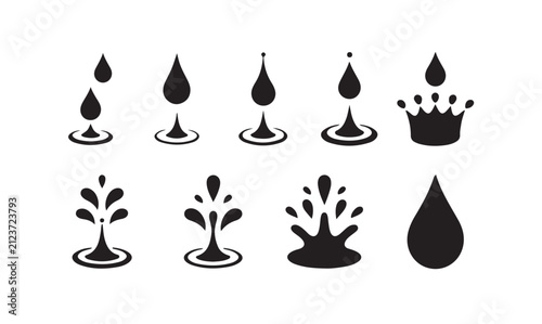 Water drop icon set featuring splashing liquid shapes and ripples for creative projects.