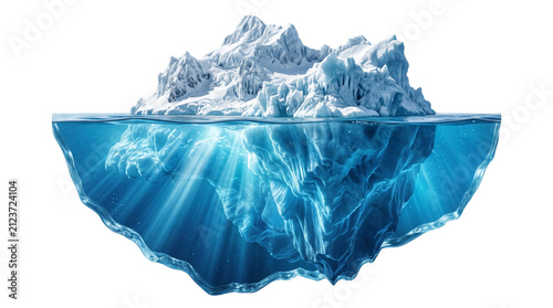 Majestic iceberg with underwater view, massive ice mountain floating in deep blue ocean water, conceptual metaphor for hidden depth and risk isolated PNG with Transparent Background