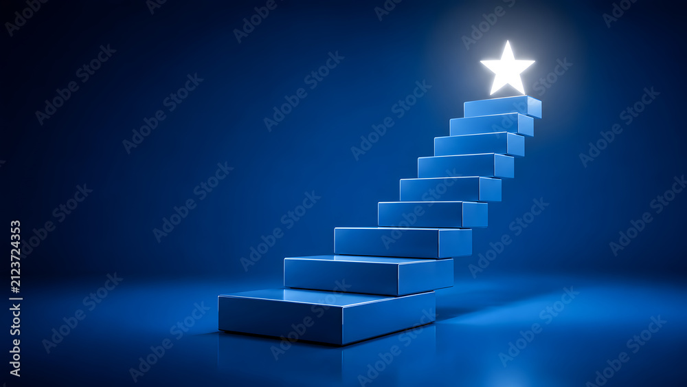 Obraz premium Staircase leading to a glowing star on a blue background, representing success, ambition, and personal growth