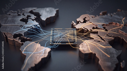 Obraz na płótnie Semiconductor geopolitics concept with microchip connecting between metal world map continents