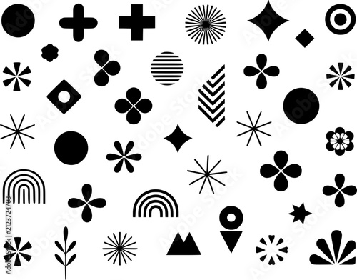 白い背景に描かれた、さまざまな黒い幾何学的形状、ミニマリストで抽象的なシンボルのコレクション