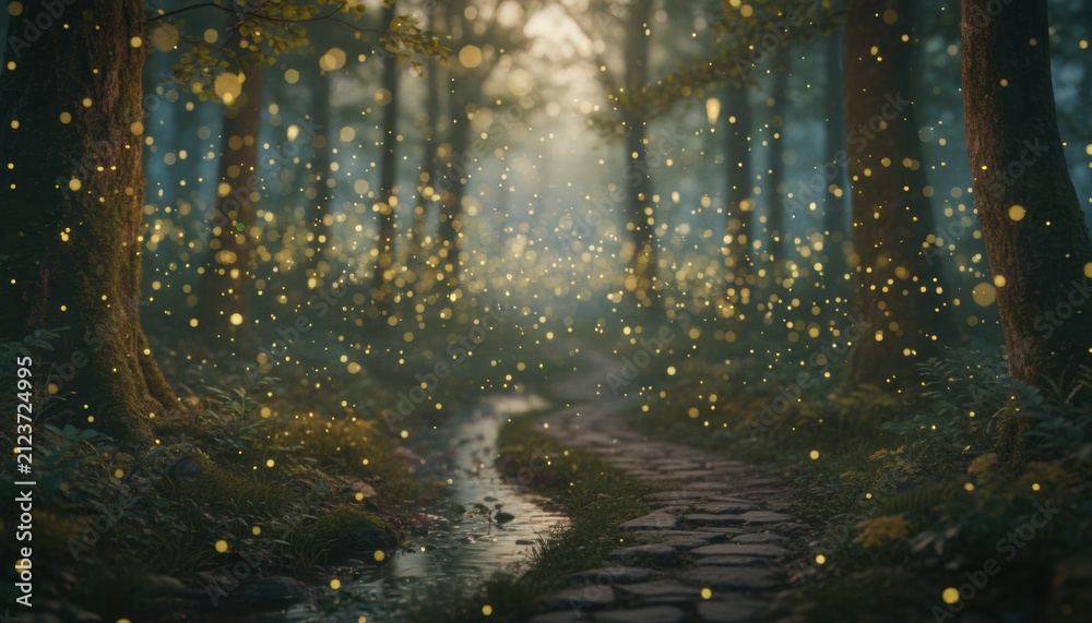 Naklejka premium Magical firefly forest scene with glowing lights suggesting myth and fantasy in a woodland during evening