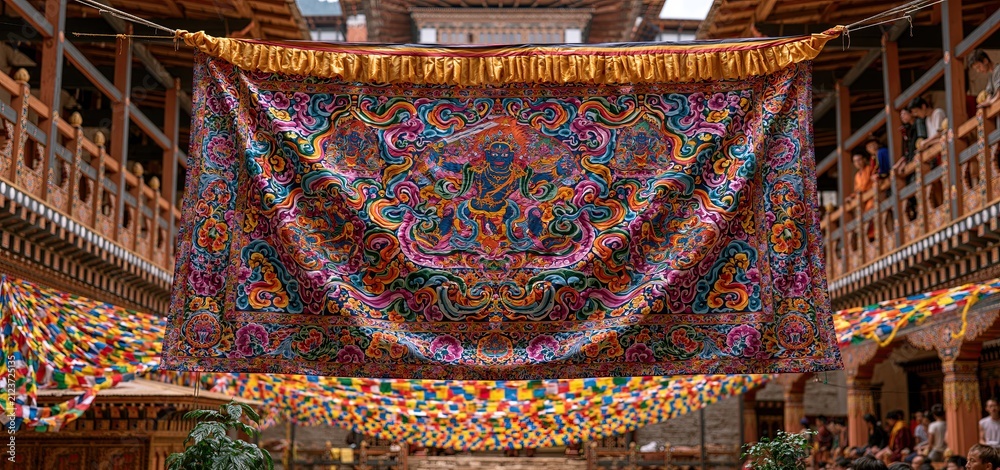 Obraz premium Intricately patterned silk tapestry featuring deities, displayed prominently within a colorful Bhutanese festival scene.