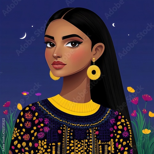 Elegant Young Woman in Floral Dress Against a Serene Night Sky Illustration